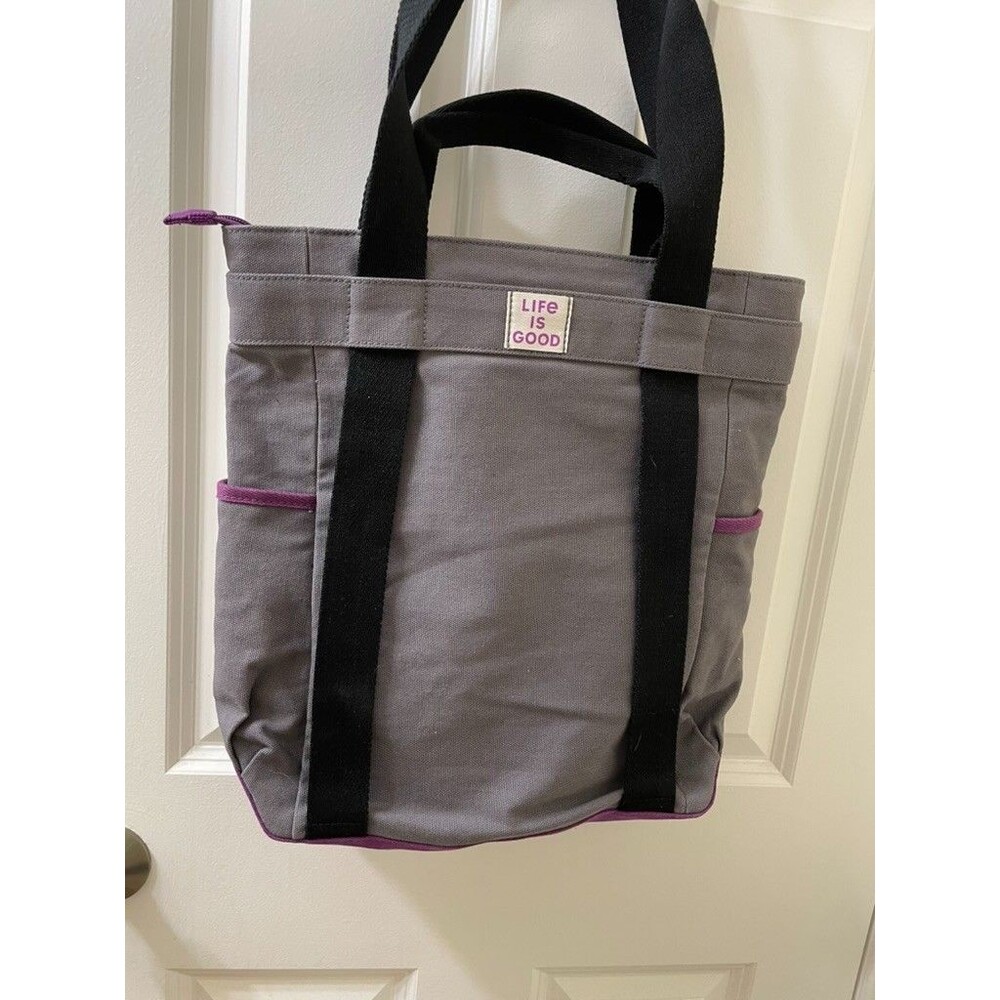 New Life Is Good tote bag Canvas Purple/Gray Tote W/Flower Motif 14x15 Inches - Picture 2 of 8